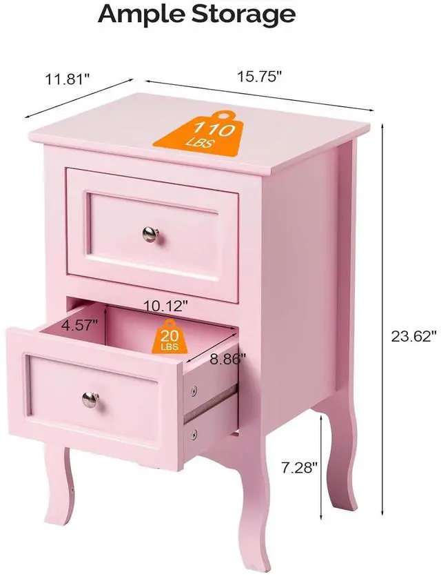 Alt view image 2 of 7 - Bonnlo Nightstand with 2 Drawers, Night Stands for Bedrooms, Small Bed Side Table/White Night Stand with Drawers for Small Spaces, College Dorm, Kids Room, Living Room, French, 16W x 12D x 24H, Pink