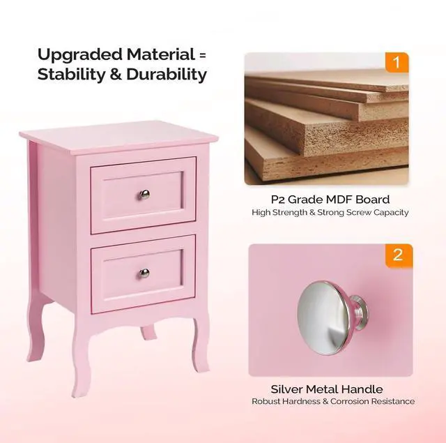 Alt view image 3 of 7 - Bonnlo Nightstand with 2 Drawers, Night Stands for Bedrooms, Small Bed Side Table/White Night Stand with Drawers for Small Spaces, College Dorm, Kids Room, Living Room, French, 16W x 12D x 24H, Pink