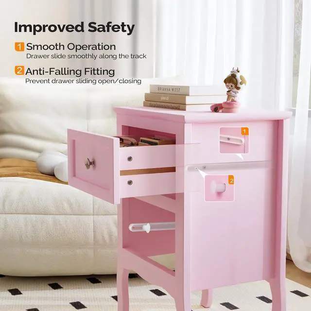 Alt view image 5 of 7 - Bonnlo Nightstand with 2 Drawers, Night Stands for Bedrooms, Small Bed Side Table/White Night Stand with Drawers for Small Spaces, College Dorm, Kids Room, Living Room, French, 16W x 12D x 24H, Pink