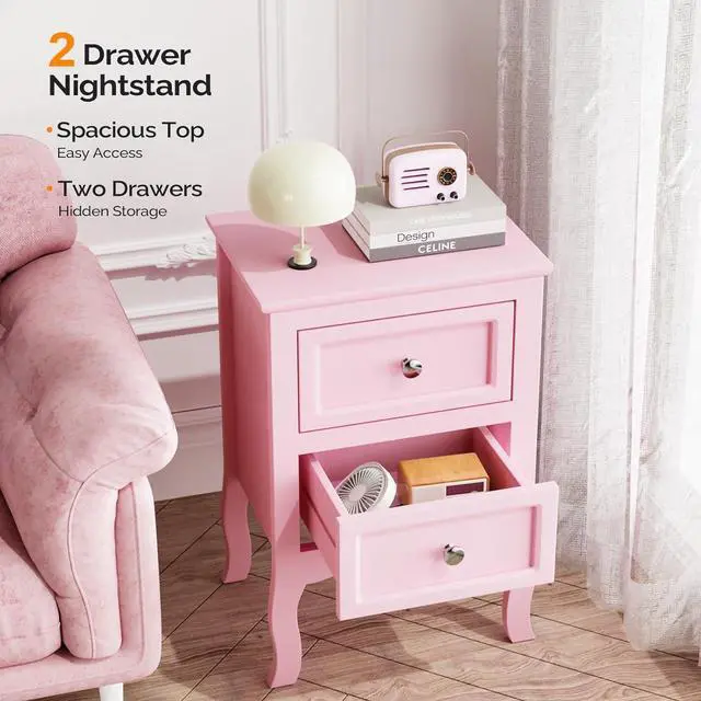Alt view image 7 of 7 - Bonnlo Nightstand with 2 Drawers, Night Stands for Bedrooms, Small Bed Side Table/White Night Stand with Drawers for Small Spaces, College Dorm, Kids Room, Living Room, French, 16W x 12D x 24H, Pink