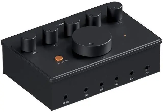 Main image of PH05 5-Channel Headphone Splitter Amplifier, Mini Headphones Amp for Music Studio, Audio Sharing, Podcast Monitor, Supports 16-300 Ohm High Impedance IEM with 12V Power Adapter