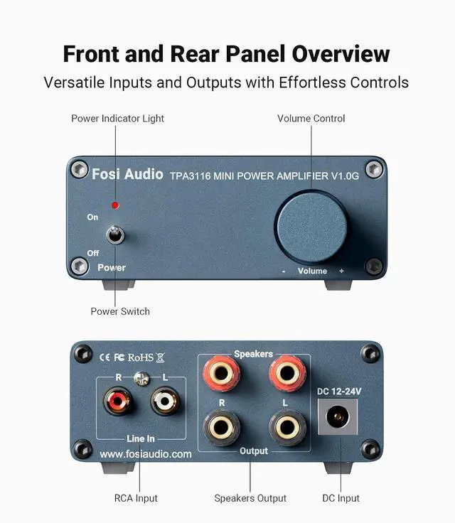 Alt view image 6 of 7 - V1.0G 2 Channel Class D Mini Stereo Amplifier for Home Speakers TPA3116 50W x 2 with Power Supply