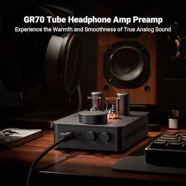Alt view image 2 of 7 - GR70 Tube Headphone Amp Preamp Mini HiFi Preamplifier for Home Audio and 2RCA to 2RCA Cable 3.9Ft(1.2m) for Home Theater Systems