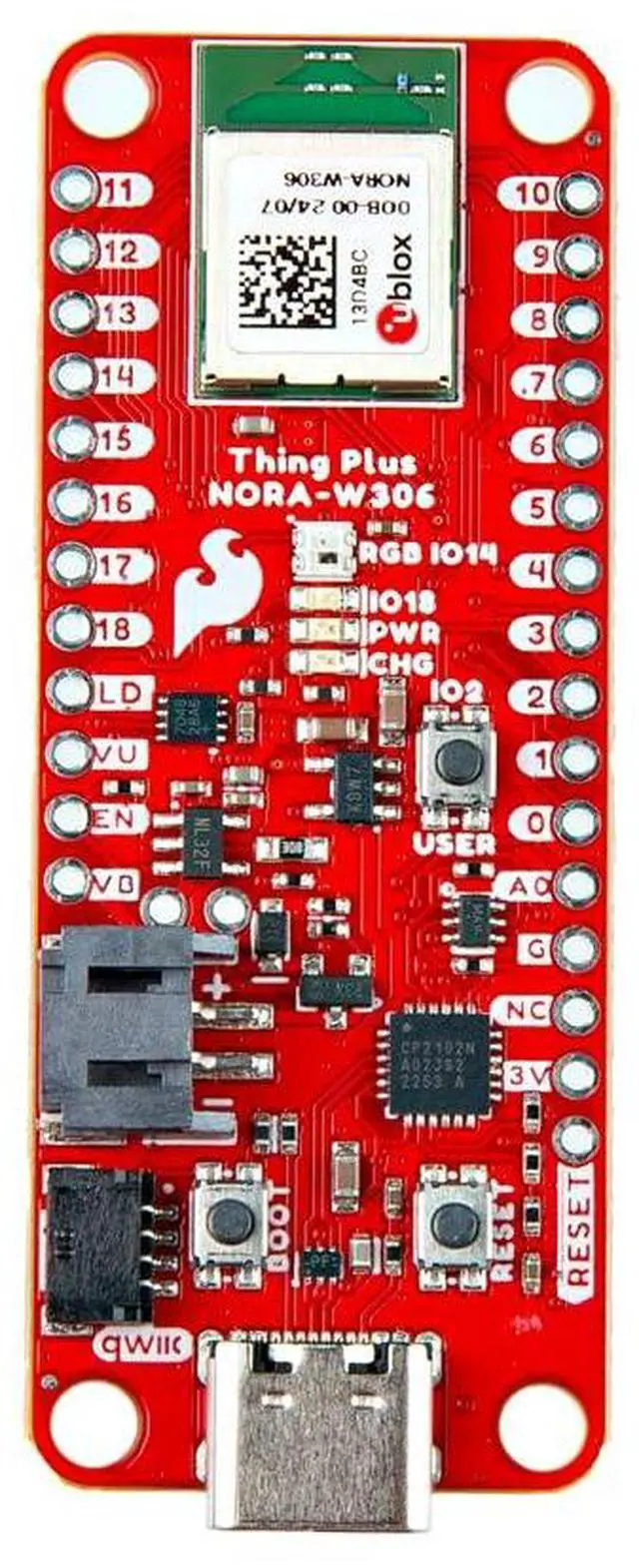 Main image of Thing Plus - NORA-W306 - Feather Form-Factor Development Board with u-blox NORA-W306 Module - Integrated Single-chip Low-Power Dual-Band - Board Dimensions: 0.9" x 2.3" (22.86mm x 58.42mm)