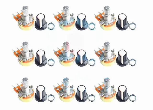 Main image of NOYITO B1K B2K B5K B10K B20K B50K B100K B500K B1M Ohm Knurled Shaft Linear Rotary Taper Potentiometer with Cap Kit (Pack of 9)