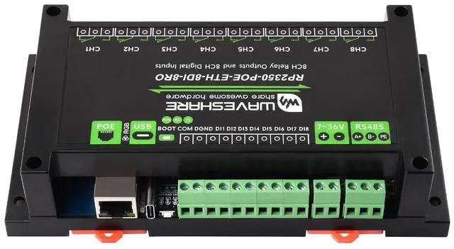 Main image of Industrial 8-Channel RP2350 Relay Module, Based On RP2350 Dual-core & Dual-Architecture Microcontroller, Supports Digital Input, Ethernet Port, RS485 @(RP2350-POE-ETH-8DI-8RO)