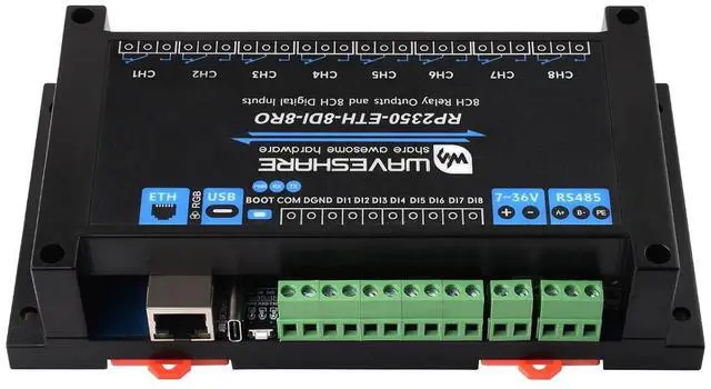 Main image of Industrial 8-Channel RP2350 Relay Module, Based On RP2350 Dual-core & Dual-Architecture Microcontroller, Supports Digital Input, RS485 @(RP2350-ETH-8DI-8RO)