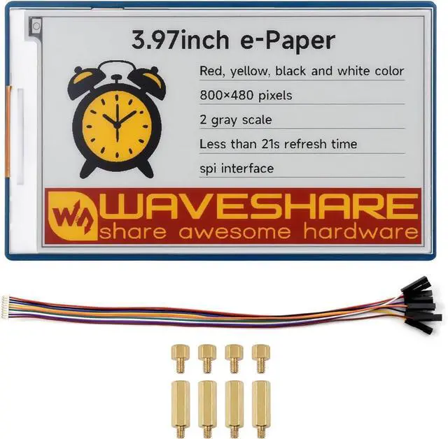 Main image of 3.97inch E-Paper E-Ink Display, 800 × 480 Pixels, Red/Yellow/Black/White, SPI Interface, with Driver Board, Compatible with Raspberry Pi 40PIN GPIO Header @(3.97inch e-Paper HAT+ (G))