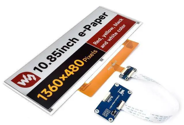 Main image of 10.85inch e-Paper Display (G) for Raspberry Pi 5/4B/3B/Zero/Zero W/Zero 2W/Pico/Pico W/Pico WH, E-Ink Display, 1360x480, Red/Yellow/Black/White, SPI Interface @(10.85inch e-Paper HAT+ (G))