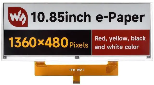 Main image of 10.85inch e-Paper Display (G), E-Ink Display, 1360x480, Red/Yellow/Black/White, SPI Interface, Without Driver Board @(10.85inch e-Paper (G))