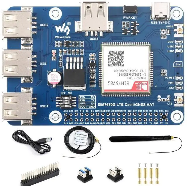 Main image of Cat-1/GNSS HAT for Raspberry Pi 5 Series Based On SIM7670G Module Supports Global Multi-Band LTE 4G Cat-1, GNSS Positioning, 3X USB 2.0 Extended Ports @