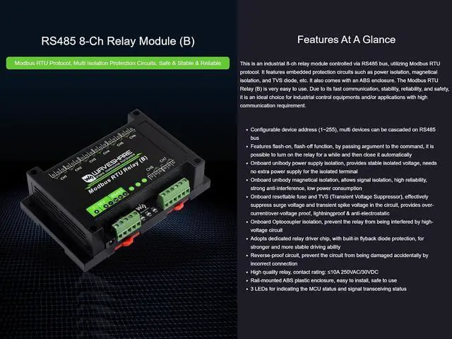 Alt view image 2 of 7 - 8-CH Modbus RTU Relay Module with RS485 Interface, Modbus RTU Protocol, 7~36V Power Supply, Multi Isolation Protection Circuits Such as Power Isolation, Magnetical Isolation, TVS Diode etc.
