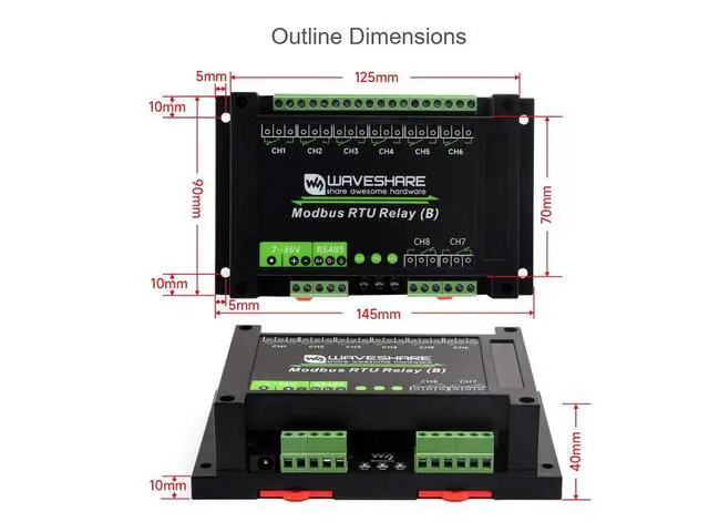 Alt view image 6 of 7 - 8-CH Modbus RTU Relay Module with RS485 Interface, Modbus RTU Protocol, 7~36V Power Supply, Multi Isolation Protection Circuits Such as Power Isolation, Magnetical Isolation, TVS Diode etc.