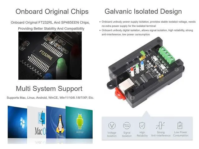 Alt view image 3 of 7 - USB to RS485/422 Converter Onboard FT232RL and SP485EEN Chip, Galvanic Isolated Converter with Multiple Protection, Support Win11/10/8.1/8/7/XP, Mac, Linux, Android, Wince, etc
