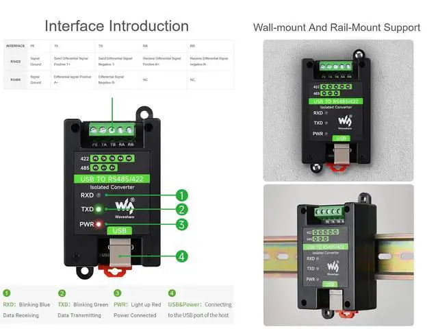 Alt view image 5 of 7 - USB to RS485/422 Converter Onboard FT232RL and SP485EEN Chip, Galvanic Isolated Converter with Multiple Protection, Support Win11/10/8.1/8/7/XP, Mac, Linux, Android, Wince, etc