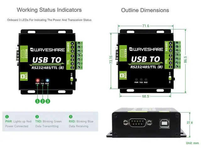 Alt view image 7 of 7 - USB to RS485/RS232/TTL Converter Industrial Digital Isolated Converter with CH343G Inside, Multi-Protocol & Multi-Type Conversion, Support Windows 11/10/8.1/8/7 Linux Android Mac etc.