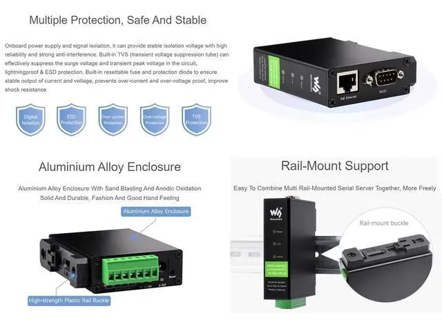 Alt view image 6 of 7 - RS232/485/422 to RJ45 Ethernet Converter, TCP/IP to Serial, Modbus Gateway Support, Industrial Isolated Rail-Mount RS232/485/422 Serial Server with POE Function, Multi Communication Modes