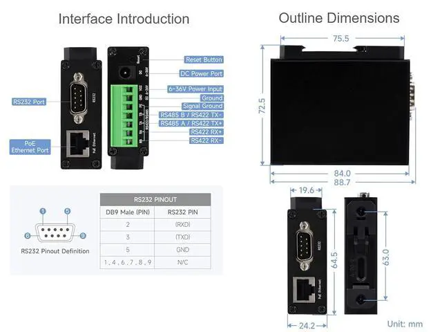 Alt view image 7 of 7 - RS232/485/422 to RJ45 Ethernet Converter, TCP/IP to Serial, Modbus Gateway Support, Industrial Isolated Rail-Mount RS232/485/422 Serial Server with POE Function, Multi Communication Modes