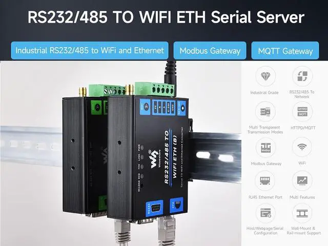 Alt view image 2 of 7 - RS232/485 to WiFi Ethernet Serial Server Converter, Modbus Gateway, MQTT Gateway, Support Serial to WIFI, Serial to Ethernet, Ethernet to WIFI, Serial to HTTPD Client etc. DC 6~36V Power Supply