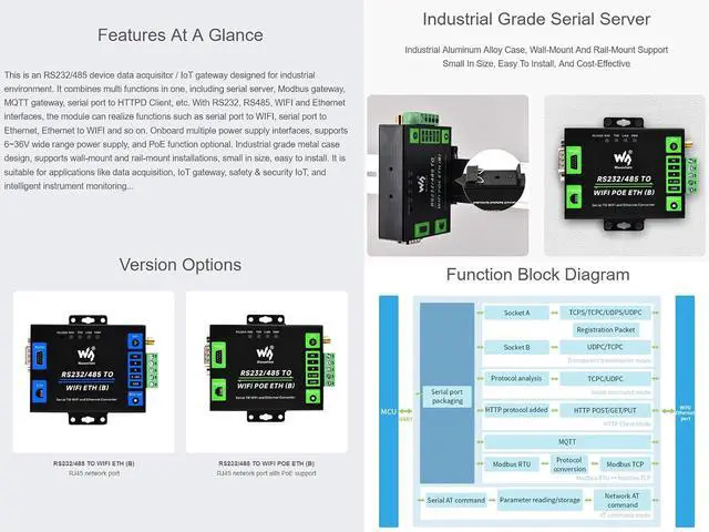 Alt view image 3 of 7 - RS232/485 to WiFi Ethernet Serial Server Converter, Modbus Gateway, MQTT Gateway, Support Serial to WIFI, Serial to Ethernet, Ethernet to WIFI, Serial to HTTPD Client etc. DC 6~36V Power Supply