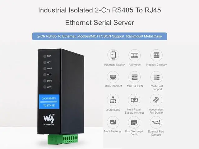 Alt view image 2 of 7 - 2-Ch RS485 to Ethernet Converter Industrial Isolated Serial Server, 2-Ch RS485 Independent Operation, Dual RJ45 Ethernet Ports, Modbus Gateway MQTT Gateway JSON Support, Rail-mount Metal Case