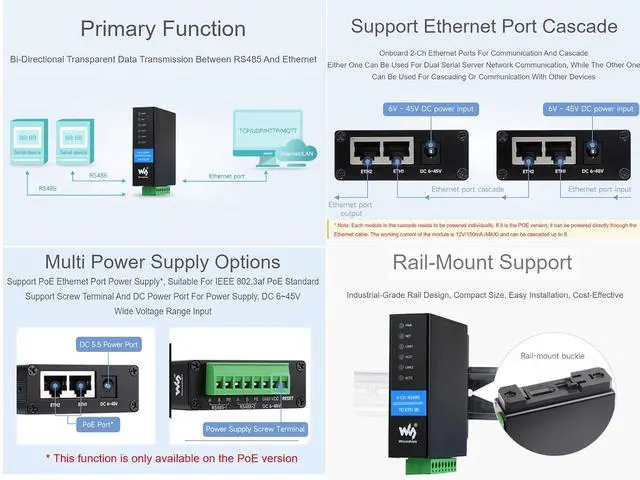 Alt view image 3 of 7 - 2-Ch RS485 to Ethernet Converter Industrial Isolated Serial Server, 2-Ch RS485 Independent Operation, Dual RJ45 Ethernet Ports, Modbus Gateway MQTT Gateway JSON Support, Rail-mount Metal Case