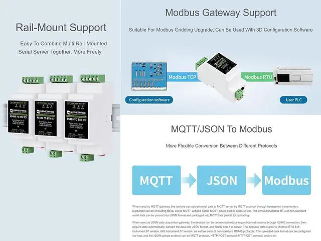 Alt view image 4 of 7 - RS485 to RJ45 Ethernet Converter Module, Industrial RS485 Serial Server, TCP/IP to Serial Module, Modbus Gateway, 6~36V Power Supply, Rail-Mount Support