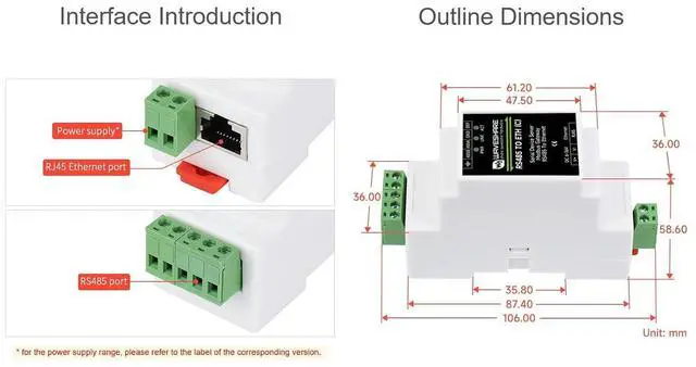 Alt view image 7 of 7 - RS485 to RJ45 Ethernet Converter Module, Industrial RS485 Serial Server, TCP/IP to Serial Module, Modbus Gateway, 6~36V Power Supply, Rail-Mount Support