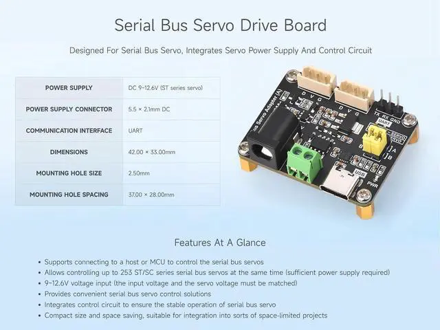 Alt view image 2 of 7 - ST/SC Serial Bus Servo Driver Board - Supports UART & USB Control, Powers & Controls Up to 253 Servos, 42mm x 33mm