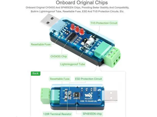 Alt view image 4 of 7 - Industrial USB to RS485 Converter Adapter with Original CH343G and SP485EEN, Built-in Lightningproof Tube, Resettable Fuse, ESD and TVS Protection Circuits, up to 1.2km RS485 Transmission Distance