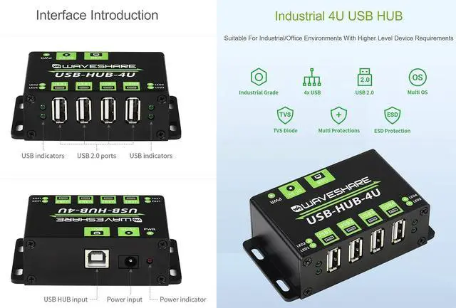 Alt view image 4 of 7 - USB 2.0 HUB 4 Port, Onboard Industrial Grade HUB Chip, up to 480Mbps Data Rate, with ESD Protection and Multiple Protection Circuits, Multiple OS Support, Plug & Play