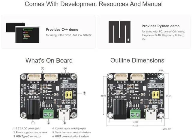 Alt view image 6 of 7 - ST/SC Serial Bus Servo Driver Board - Supports UART & USB Control, Powers & Controls Up to 253 Servos, 42mm x 33mm