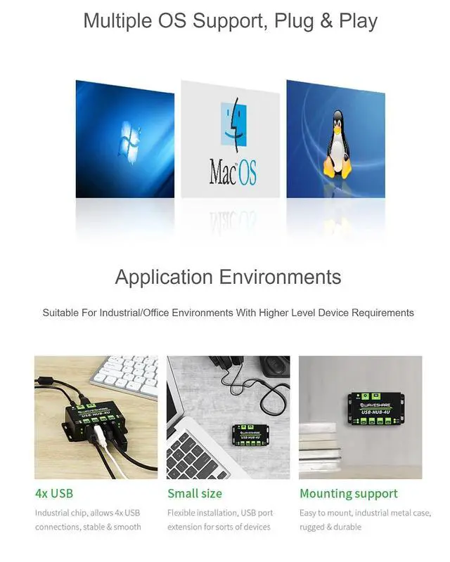 Alt view image 7 of 7 - USB 2.0 HUB 4 Port, Onboard Industrial Grade HUB Chip, up to 480Mbps Data Rate, with ESD Protection and Multiple Protection Circuits, Multiple OS Support, Plug & Play