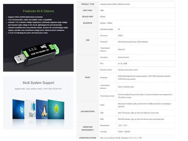 Alt view image 7 of 7 - Industrial USB to RS485 Converter Adapter with Original CH343G and SP485EEN, Built-in Lightningproof Tube, Resettable Fuse, ESD and TVS Protection Circuits, up to 1.2km RS485 Transmission Distance