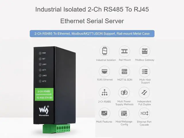 Alt view image 2 of 7 - 2-Ch RS485 to POE Ethernet Converter Industrial Isolated Serial Server, 2-Ch RS485 Independent Operation, Dual POE ETH Ports, Modbus Gateway MQTT Gateway JSON Support, Rail-Mount Metal Case
