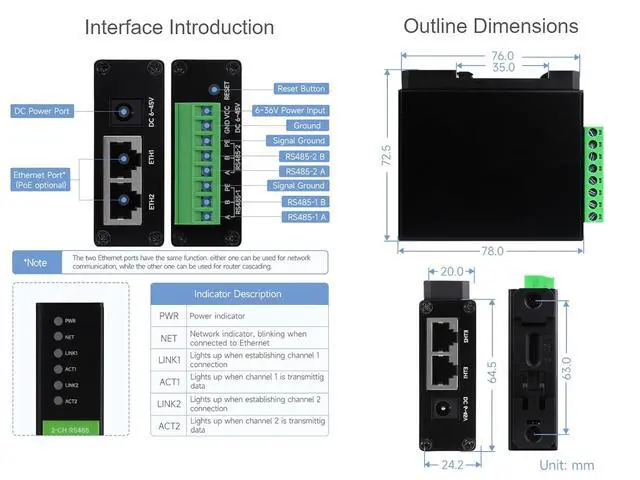 Alt view image 7 of 7 - 2-Ch RS485 to POE Ethernet Converter Industrial Isolated Serial Server, 2-Ch RS485 Independent Operation, Dual POE ETH Ports, Modbus Gateway MQTT Gateway JSON Support, Rail-Mount Metal Case