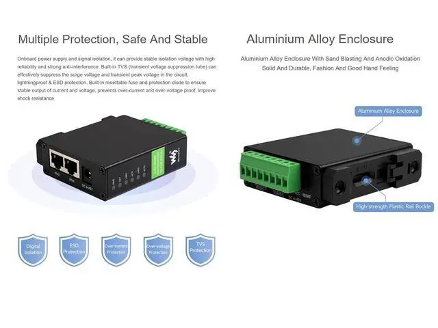 Alt view image 6 of 7 - 2-Ch RS485 to POE Ethernet Converter Industrial Isolated Serial Server, 2-Ch RS485 Independent Operation, Dual POE ETH Ports, Modbus Gateway MQTT Gateway JSON Support, Rail-Mount Metal Case
