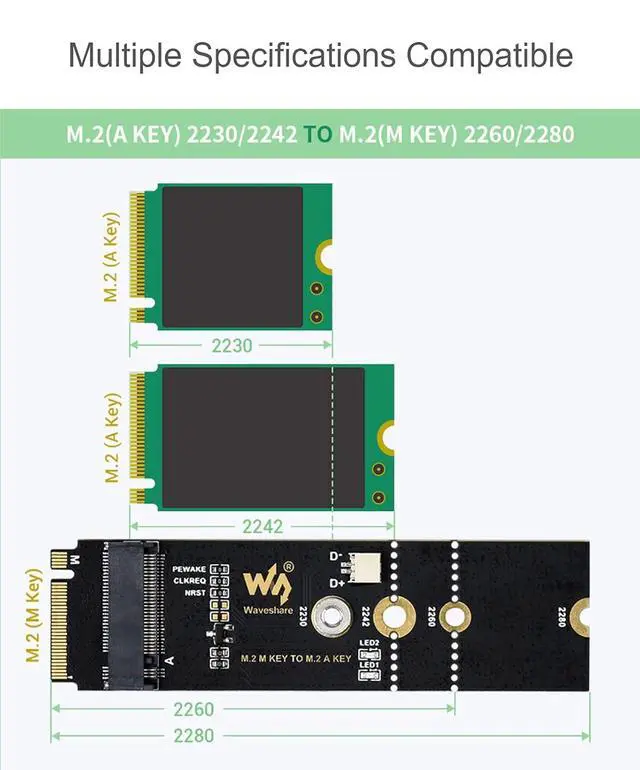 Alt view image 4 of 7 - M.2 M Key to A Key Adapter for PCIe Devices, Support M.2 (A Key) 2230/2242 to M.2 (M Key) 2260/2280, Support USB Conversion