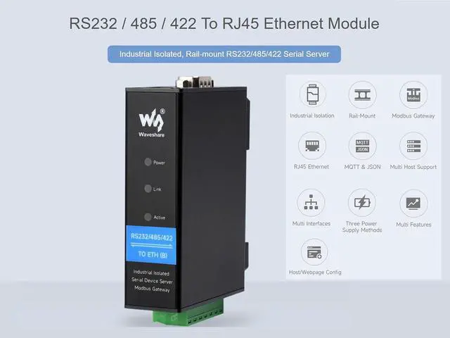 Alt view image 2 of 7 - RS232/485/422 to RJ45 Ethernet Converter Industrial Isolated RS232/485/422 Serial Server, TCP/IP to Serial Modbus Gateway MQTT Gateway Multi Functions, Rail-Mount Support