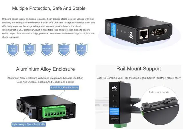 Alt view image 6 of 7 - RS232/485/422 to RJ45 Ethernet Converter Industrial Isolated RS232/485/422 Serial Server, TCP/IP to Serial Modbus Gateway MQTT Gateway Multi Functions, Rail-Mount Support
