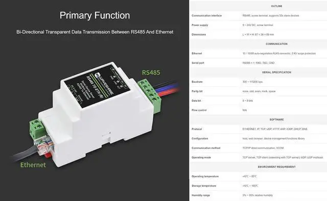 Alt view image 3 of 7 - RS485 to Ethernet Converter Industrial Serial Device Server TCP/IP to Serial Module Support Modbus Gateway, MQTT/JSON to Modbus, and TCP Server/TCP Client/UDP Mode/UDP Multicast