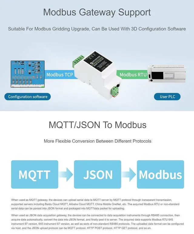 Alt view image 4 of 7 - RS485 to Ethernet Converter Industrial Serial Device Server TCP/IP to Serial Module Support Modbus Gateway, MQTT/JSON to Modbus, and TCP Server/TCP Client/UDP Mode/UDP Multicast