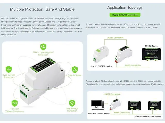Alt view image 5 of 7 - RS232 to RS485 Converter Active Digital Isolation Serial Converter Rail-Mount Serial Server with Multi-Isolation Protection, up to 1.2km Transmission Distance, Safe and Stable