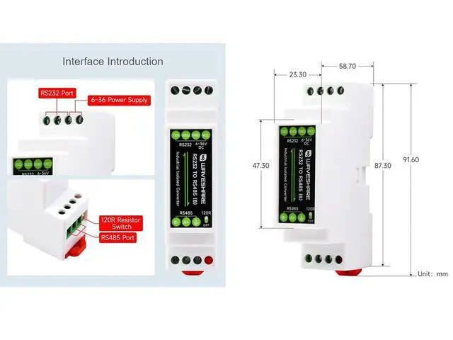 Alt view image 7 of 7 - RS232 to RS485 Converter Active Digital Isolation Serial Converter Rail-Mount Serial Server with Multi-Isolation Protection, up to 1.2km Transmission Distance, Safe and Stable