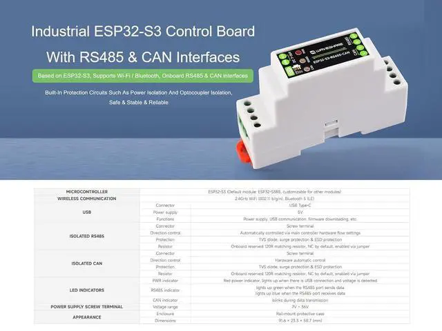 Alt view image 2 of 7 - Industrial ESP32-S3 Control Board, Onboard RS485 and CAN Interfaces for Connecting External RS485 and CAN Devices, Support 2.4GHz Wi-Fi/Bluetooth 5, Built-in Multiple Protection Circuits