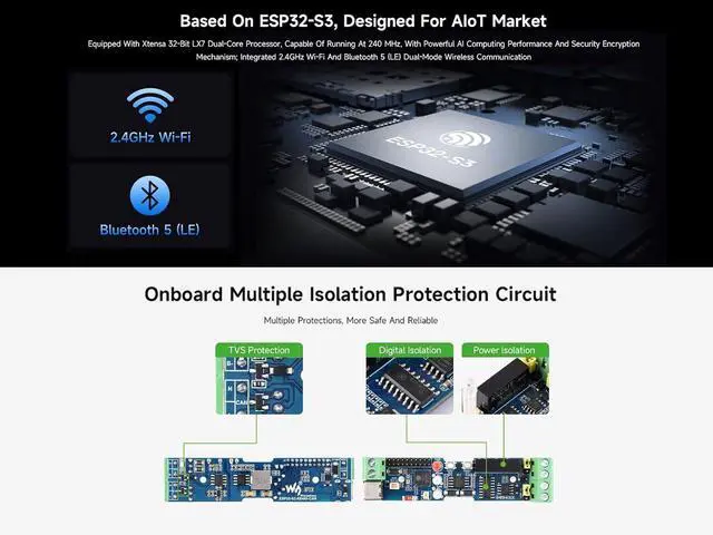 Alt view image 3 of 7 - Industrial ESP32-S3 Control Board, Onboard RS485 and CAN Interfaces for Connecting External RS485 and CAN Devices, Support 2.4GHz Wi-Fi/Bluetooth 5, Built-in Multiple Protection Circuits