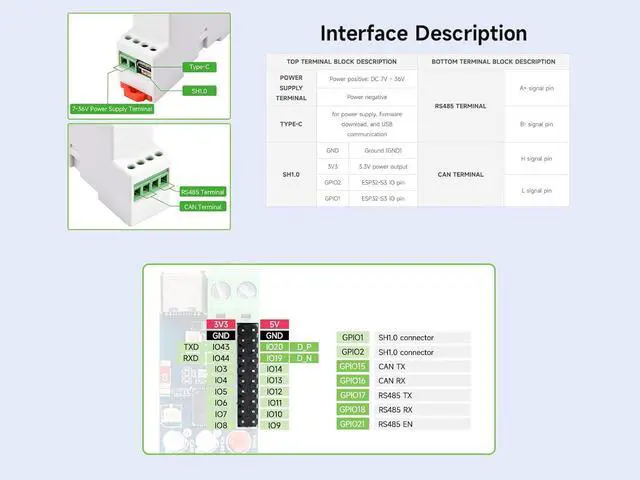 Alt view image 5 of 7 - Industrial ESP32-S3 Control Board, Onboard RS485 and CAN Interfaces for Connecting External RS485 and CAN Devices, Support 2.4GHz Wi-Fi/Bluetooth 5, Built-in Multiple Protection Circuits