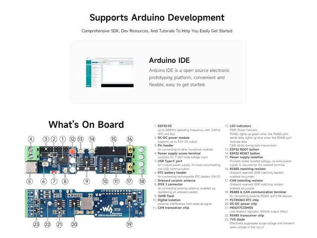 Alt view image 6 of 7 - Industrial ESP32-S3 Control Board, Onboard RS485 and CAN Interfaces for Connecting External RS485 and CAN Devices, Support 2.4GHz Wi-Fi/Bluetooth 5, Built-in Multiple Protection Circuits