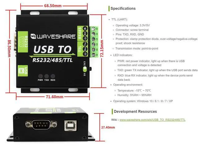 Alt view image 7 of 7 - USB to RS232/RS485/TTL Interface Converter Industrial Isolated Converter with Original FT232RL Inside, 300-921600bps Baudrate Onboard Power Isolation, ADI Magnetical Isolation