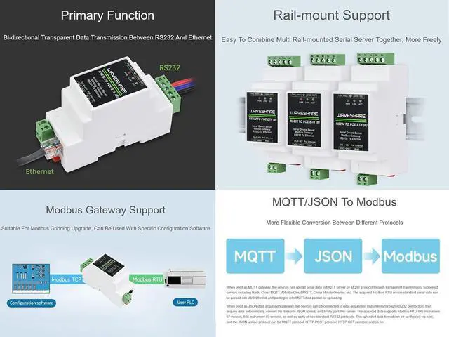 Alt view image 4 of 7 - RS232 to POE Ethernet Converter Module, Industrial Rail-Mount RS232 Serial Server, TCP/IP to Serial, Modbus Gateway, Bi-Directional Transparent Data Transmission Between RS232 and Ethernet